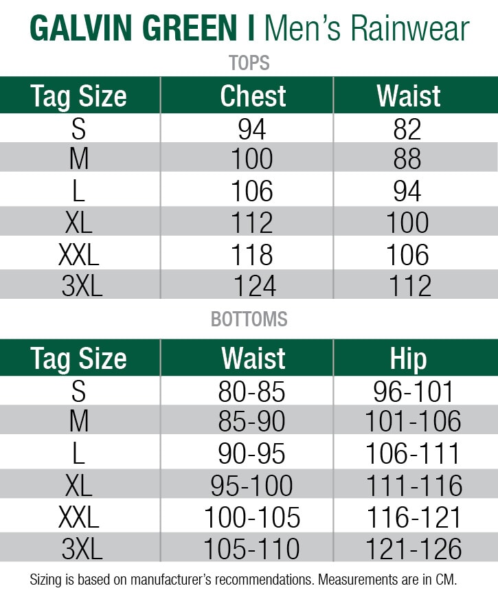 galvin green-wind & rain wear-mens size chart